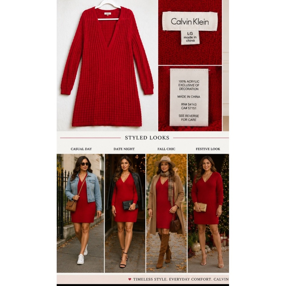 Calvin Klein Red Pointelle Knit V-Neck Sweater Dress Large
